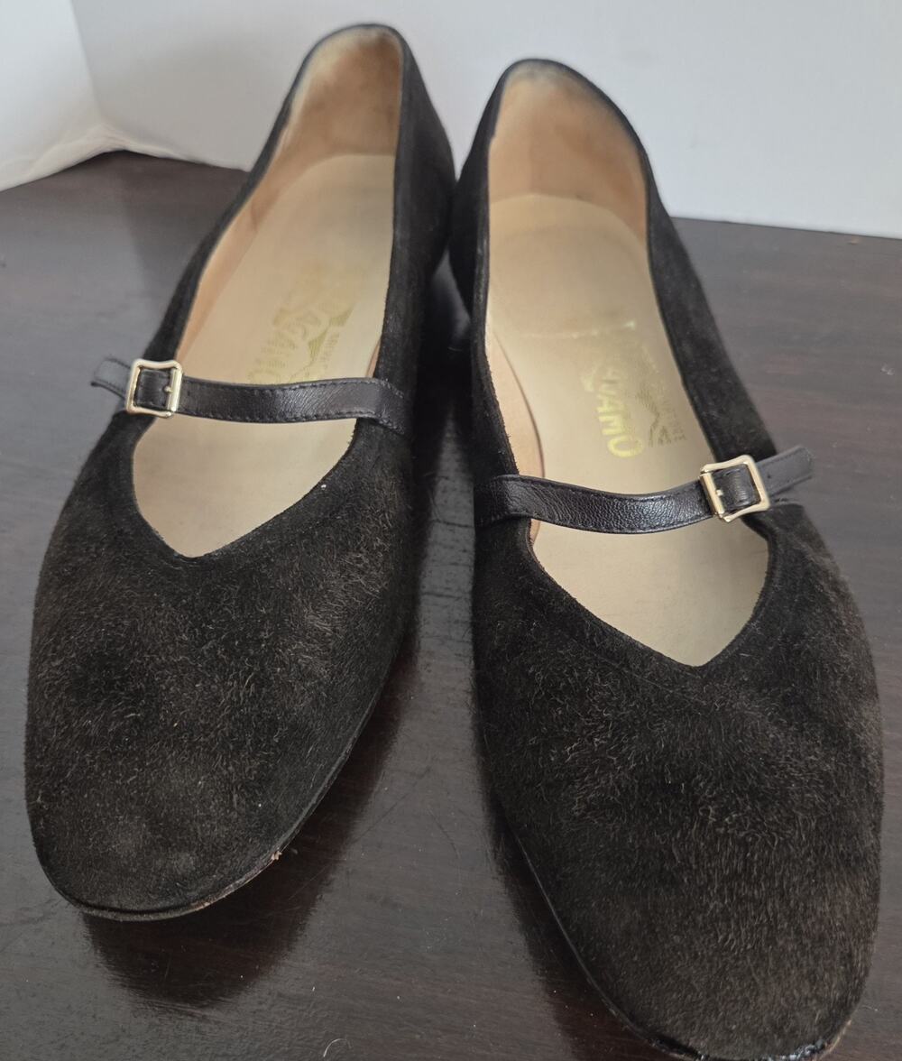 Salvatore Ferragamo Audrey Suede Mary Jane Ballet Flats Black Buckle 7.5 B Vtg
